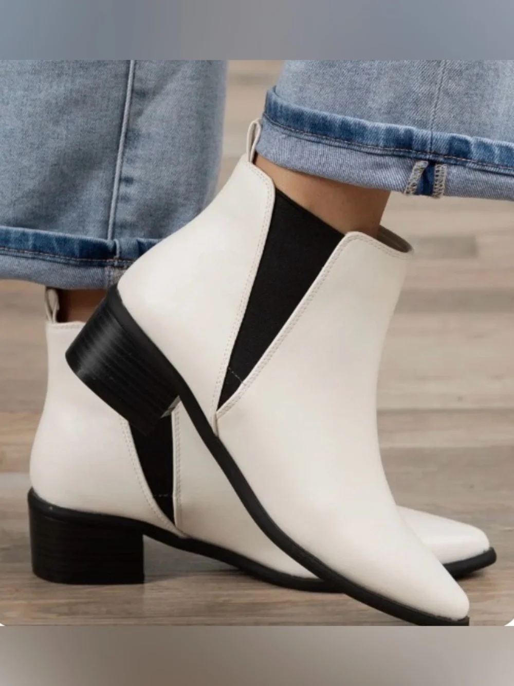 BAMBOO Cream Chelsea Ankle Boots with Black Elastic Panels